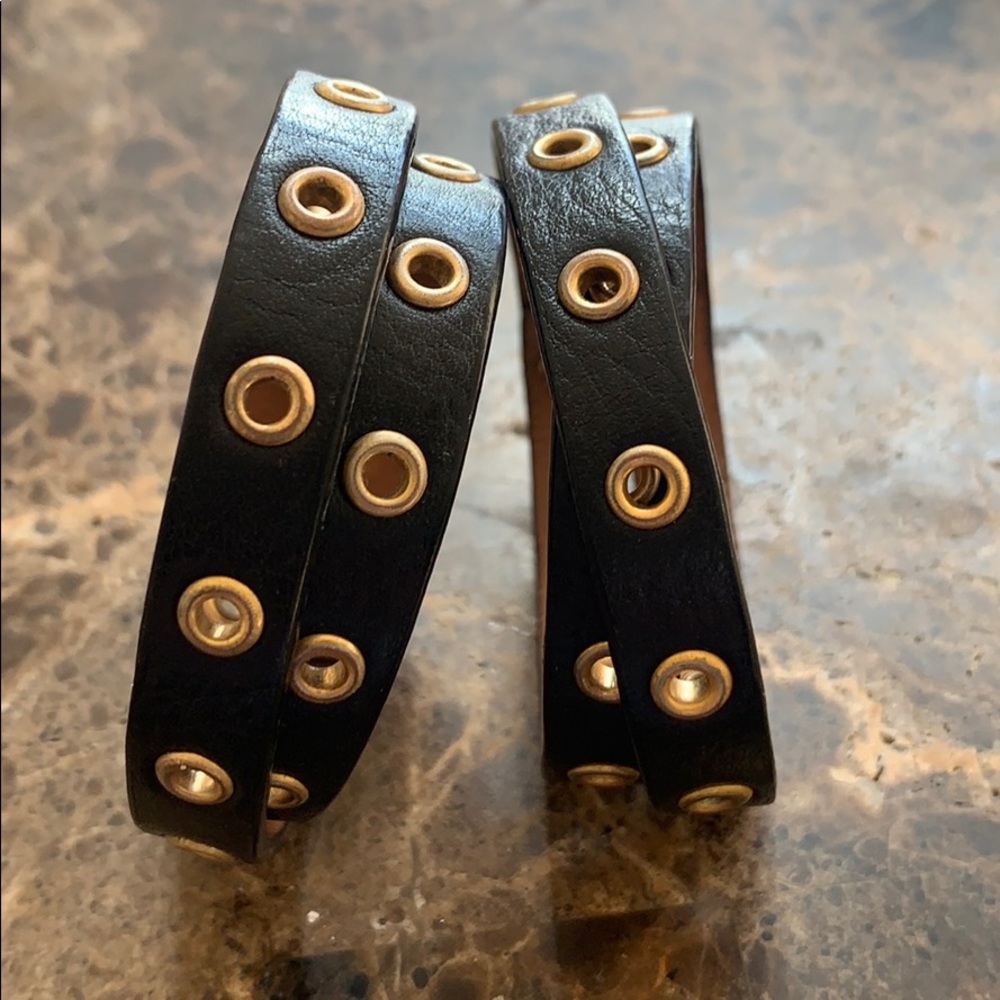 Double Wrap Black Gold Leather Adjustable Bracelet